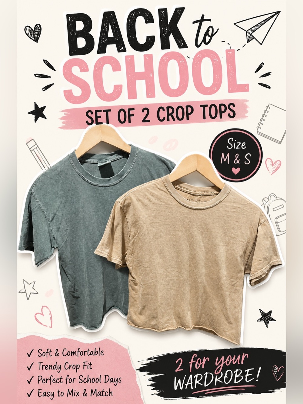Juniors Crop Top Bundle (Set of 2) Size S & M - Neutral Casual Tees